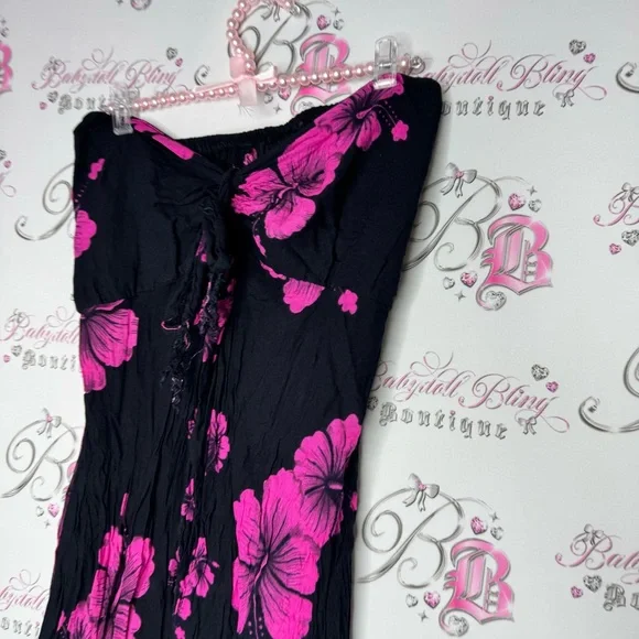 Dress Hawaii hibiscus 🌺 flowers pink black strapless ribbon 🎀 bow tie up slit - Picture 3 of 10